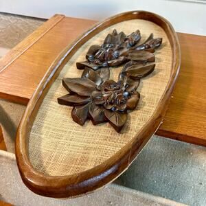 Vintage Carved Wood Floral Wall Plaque on Burlap Backing, Mid Century Decor